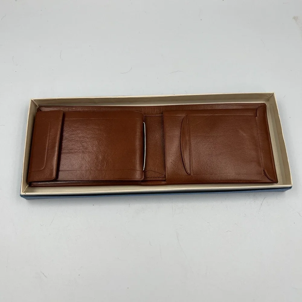 NEW! Vintage Cognac Brown Leather Wallet Mens Photo Pockets Bi-Fold Card Holder